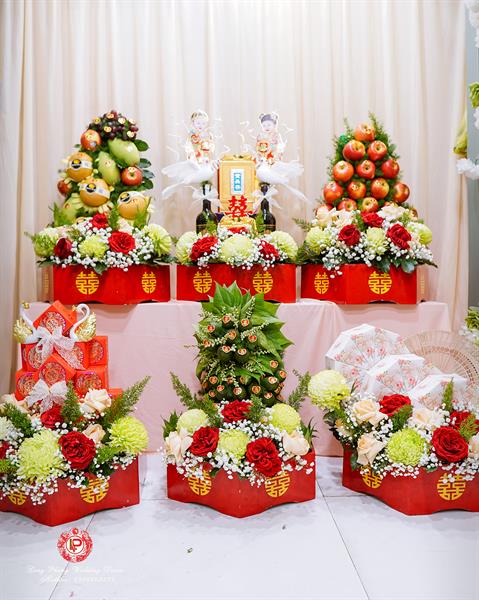 Mâm Quả Cưới Hỏi - Gói 6 Mâm Chay Kết Tháp Hoa Tươi